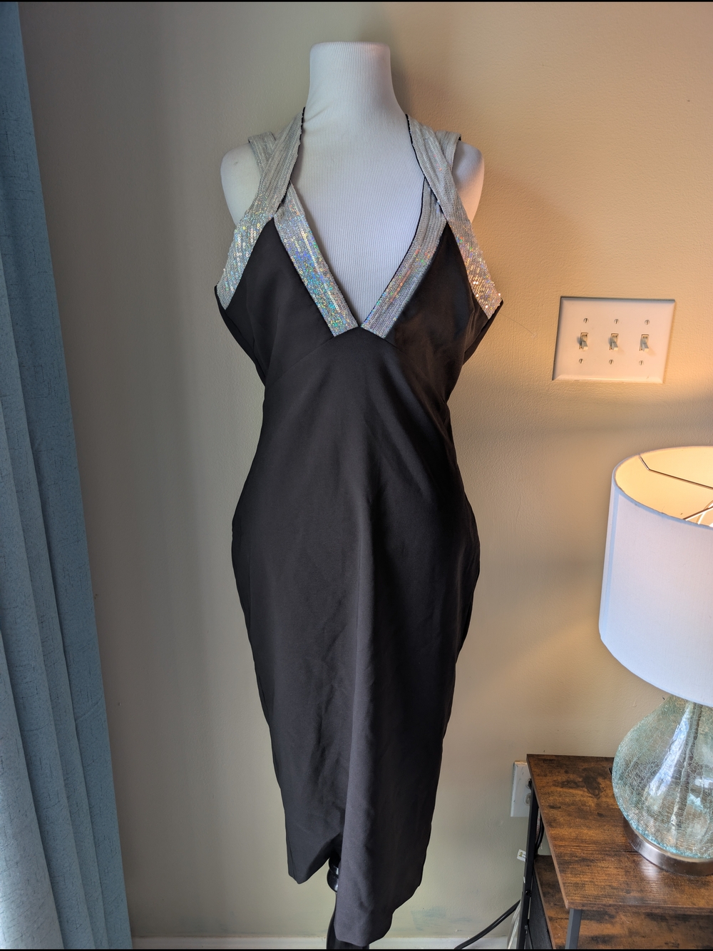 Lavish Alice Black Midi Dress with Silver Sequin Straps